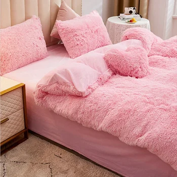 Зимний теплый плюшевый пододеяльник WOSTAR из розового норкового бархата + пушистое фланелевое стеганое одеяло 220x240 king size, роскошный комплект постельных принадлежностей для двуспальной кровати