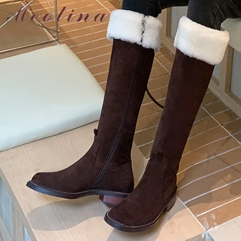 Meotina/ Женские сапоги до колена на плоской подошве с круглым носком, длинные ботинки на меху с застежкой-молнией, лаконичный дизайн, женская модная обувь, зима, абрикосово-кофейный цвет, 40 г.
