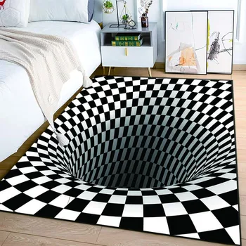 3D Vortex Illusion Черно-белый коврик для спальни, коврик для пола, абстрактный геометрический оптический ковер с эффектом головокружения, нескользящий декор для гостиной