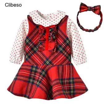 Комплект одежды Clibeso 2024 для Маленьких Девочек, Детская Рождественская одежда, 2 предмета, Детская Футболка с принтом в форме Сердца + Клетчатые платья без рукавов