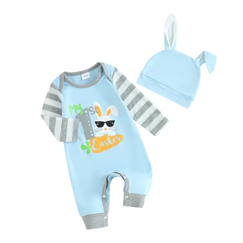 Мой первый Пасхальный наряд для мальчика, комбинезон с длинными рукавами и кроликом-морковкой, комбинезон, шапка с заячьими ушками, одежда для новорожденных