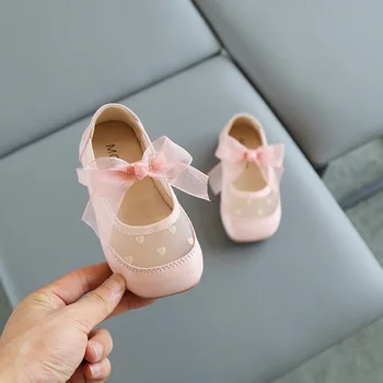 Новая детская Маленькая Кожаная обувь Модная сетчатая Дышащая обувь с бантом 2023 Лето Осень Милые туфли принцессы для девочек G80