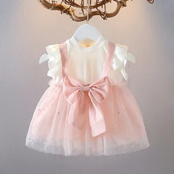 Модное Винтажное платье Принцессы для девочек, Тюлевое Детское платье с длинными рукавами, Розовое Платье-пачка с Большим бантом на Свадьбу, День Рождения, Детская одежда