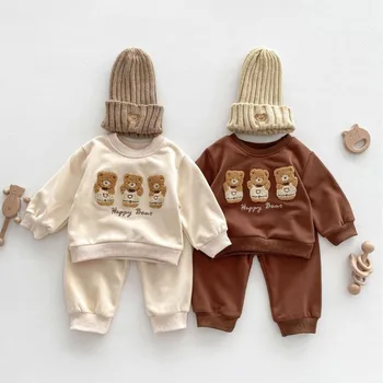 Комплект детской одежды в корейском стиле, толстовки и штаны с вышивкой мультяшных медведей, 2 шт., костюм для мальчиков, комплекты для маленьких девочек