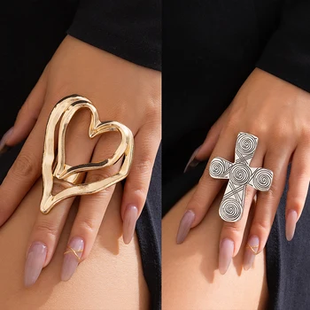Женское кольцо с преувеличенным размером в виде креста и сердца, Винтажные узоры, Двухслойный Палец любви, аксессуары Y2K, модные украшения