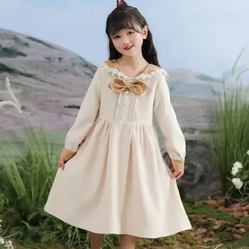 Платье принцессы для девочек, Корейская версия, Детское платье с Кукольным вырезом и Тонким бантом, Сетчатое Красное Весеннее платье, Осеннее платье Принцессы для девочек