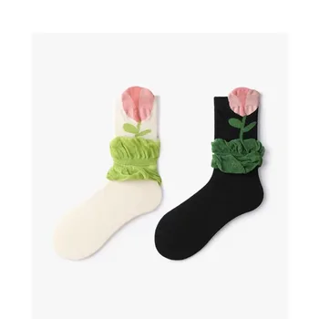 Женские носки с цветочным принтом, нишевые носки средней длины, весна-осень, универсальные хлопковые носки в тонком сечении, носки Harajuku Kawaii
