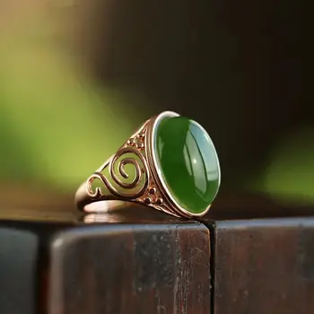 Натуральный Хотанский зеленый нефрит овальное открытое регулируемое кольцо в китайском стиле ретро богемный элегантный кулон из розового золота женские серебряные украшения