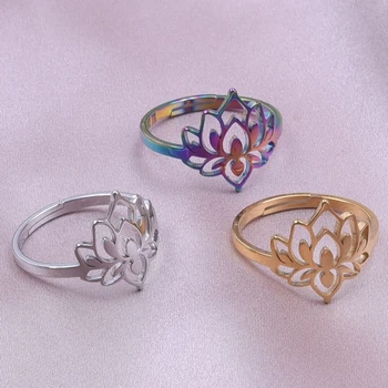 Модные кольца с полым цветком Лотоса для женщин, Новые кольца с открытым цветком из нержавеющей стали, Регулируемые кольца для пальцев, Ювелирные изделия, подарок на день рождения
