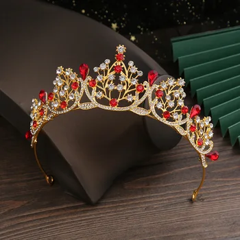 Цветочная золотая корона в стиле барокко, винтажные украшения для волос из красного хрусталя для женщин, королева свадьбы