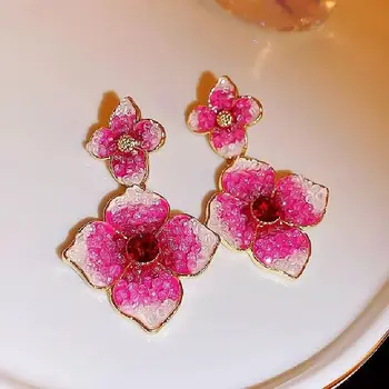Серьги с розовыми хрустальными цветами в корейском стиле для женщин и девочек, висячие серьги, вечерние свадебные украшения