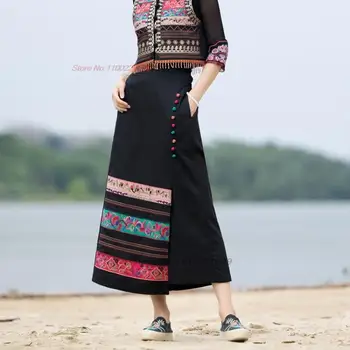2024 традиционная китайская юбка трапециевидной формы с цветочной вышивкой, национальная хлопковая льняная китайская ретро-юбка, восточная этническая народная юбка