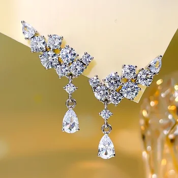 Модные и роскошные серебряные серьги-подвески с белым бриллиантом S925 в комплекте с обручальными украшениями с высоким содержанием углерода