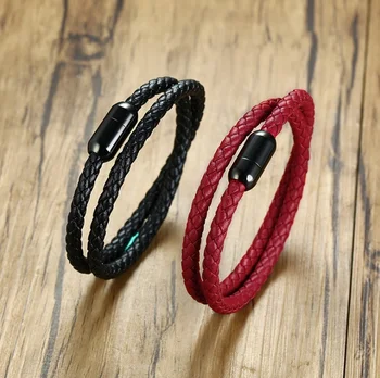 Модный Простой индивидуальный тренд, длинный мужской браслет с двумя витками, черный, красный, многоцветный кожаный плетеный мужской браслет с магнитной пряжкой