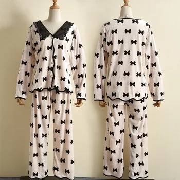 осенне-зимний бархатный женский пижамный комплект, пижамный костюм с французским милым принтом и бантом, свободная велюровая домашняя одежда для отдыха
