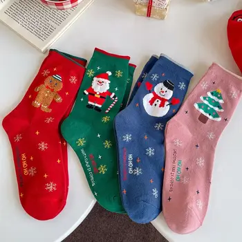 Рождественские Носки Санта-Клауса, Дышащие Хлопчатобумажные Чулочно-носочные изделия с мультяшным снеговиком, Аксессуары из ткани в Корейском стиле, Носки средней длины, Женские носки