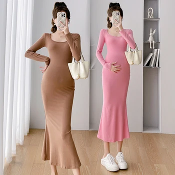 2024 Весеннее хлопчатобумажное платье для беременных, Однотонное Растянутое платье для беременных с рыбьим хвостом, Тонкое Сексуальное Базовое платье для беременных, труба