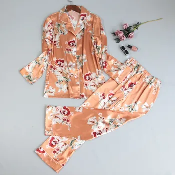 Демисезонный Искусственный шелк, Домашняя одежда из 2 предметов, женский кардиган с длинными рукавами и пижамный костюм с брюками, Свободная пижама, пижама в стиле ретро с цветочным принтом