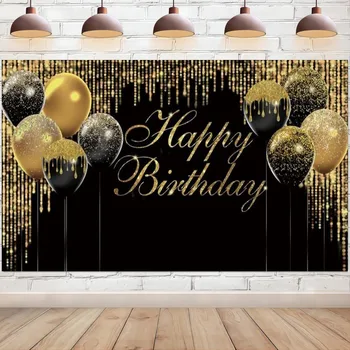 Фон с Днем Рождения Черные и золотые воздушные шары, фон для фотосъемки с блестками, баннер для украшения праздничного торта, стола
