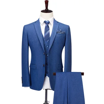 комплект мужских костюмов официальная деловая одежда свадебные костюмы жениха синяя полоса 3шт блейзер жилет брюки плюс размер однобортный