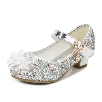 Свадебные кожаные туфли принцессы, детские бриллиантовые цветы, блестящие туфли для танцев для девочек на высоком каблуке, Модная танцевальная обувь для вечеринок для девочек