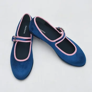 Обувь 2024 новый весна осень Корея квартиры круглым носком женские Синий бархат розовым краем квартиры модные туфли Мэри Джейн Женская обувь