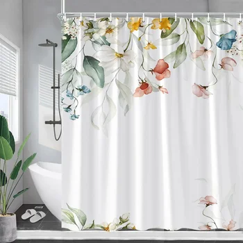 Цветочные занавески для душа акварельные цветы, зеленые листья растений ванна занавес современный минималистский ткань ванная комната декор с крючками