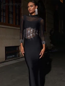 Высококачественное сексуальное сетчатое платье с круглым вырезом и длинными рукавами, повязка с кристаллами, Элегантное женское черное платье для светской вечеринки Vestido