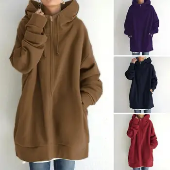 Осенне-зимнее женское пальто с капюшоном, толстовка средней длины, пальто с капюшоном на шнурке, карманы с длинным рукавом, планка на молнии, пальто Уличная одежда