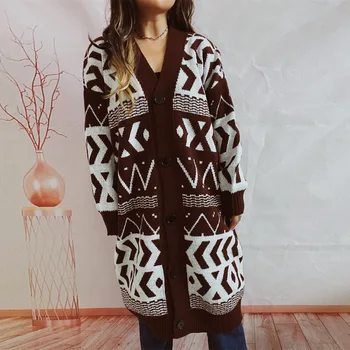 Осенне-Зимний Женский Однобортный свитер-пальто с V-образным вырезом и удлиненной Геометрией с длинным рукавом 2024 года