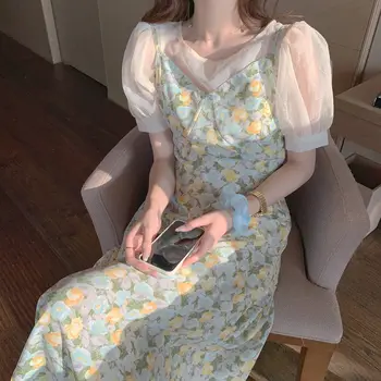 2021 Летнее винтажное платье с цветочным ремешком, женское Длинное платье Y2k с принтом феи, Женское повседневное Праздничное пляжное платье в Корейском стиле