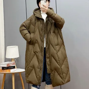 Новый европейский пуховик 2023 межсезонья, женская корейская версия средней длины, размер до колена, свободное утолщенное зимнее пальто с капюшоном