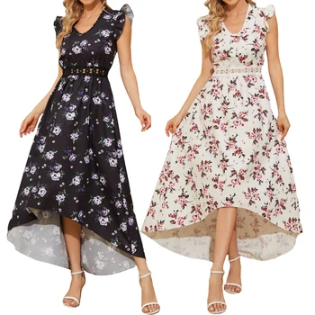 Женское длинное платье с элегантным рукавом-мухой, V-образным вырезом и цветочным принтом, летнее свободное платье для повседневной вечеринки
