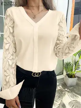 Женская блузка ZANZEA с V-образным вырезом, рубашка, Весна 2024, Кружевная строчка, Топ с длинным рукавом, Модные однотонные Повседневные Свободные офисные женские туники