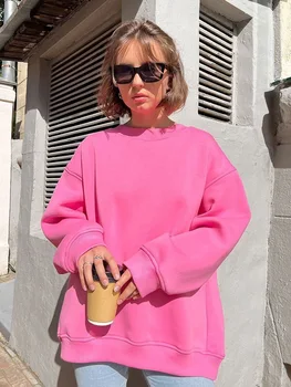 Розовый пуловер с круглым вырезом, свитшот, Женский Свободный свитер оверсайз с длинными рукавами, осень-зима 2023, Женская повседневная уличная одежда, топ