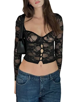 Женский укороченный топ из прозрачной сетки с цветочным рисунком, сексуальная приталенная футболка с длинным рукавом для стильных вечеров.
