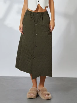 Женская зимняя стеганая юбка, повседневная однотонная теплая юбка трапециевидной формы на пуговицах с эластичной талией для работы, Уличная одежда, клубная одежда