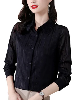 Женские весенне-летние блузки, рубашки, женские модные повседневные топы с длинным рукавом и отложным воротником, кружевные блузки Blcak CT0238