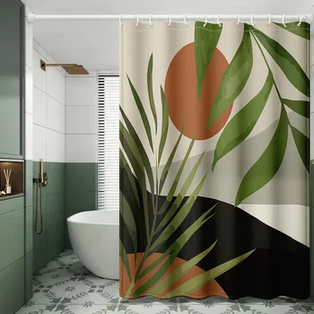 Водонепроницаемая занавеска для душа с принтом тропического леса и защитой от плесени с крючками в модной цветовой гамме Morandi Занавеска для ванной комнаты