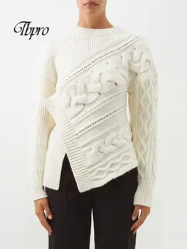 Модный асимметричный шерстяной свитер ручной вязки, Женский Элегантный пуловер с длинными рукавами в рубчик и круглым вырезом, осенне-зимние базовые женские джемперы