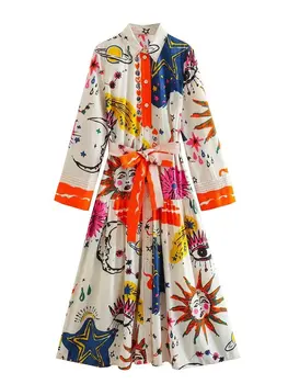 Осеннее женское длинное платье трапециевидной формы с длинным рукавом и однобортным поясом Galaxy с принтом граффити
