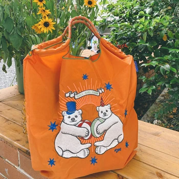 Дизайнерская сумка с вышивкой Bear, нейлоновые сумки для покупок для женщин, эко-сумка, повседневные сумки через плечо с веревочной ручкой, сумки-хобо, тоут 2023 Chic