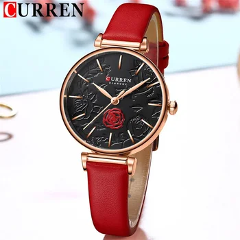 Женские часы CURREN, лучший бренд, Роскошные Женские водонепроницаемые часы, браслет из красной натуральной кожи, Модные женские наручные часы с цветочным рисунком, 9078