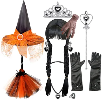 Детский костюм на Хэллоуин, детская черная метла ведьмы и шляпа, парик для косплея для девочек, чулки для рук, вечерние принадлежности принцессы