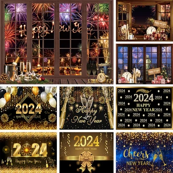 Новогоднее украшение 2024 года Фон для окна Новогодние Баннеры Ночная вечеринка Шампанское Фейерверк Фоновый Реквизит для фотосъемки Фотозона