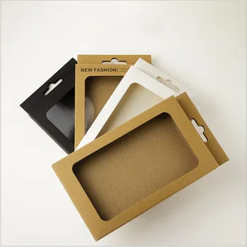 50шт Чехол для телефона Упаковочная коробка Телефонная коробка из крафт-бумаги Упаковка с черным окном Картонные коробки Белая подарочная коробка с отверстием для подвешивания