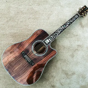 Изготовленные на заказ вставки в виде цветов морского ушка, 41 Дюйм, Акустическая гитара из цельного дерева Koa в стиле D с накладкой из черного дерева