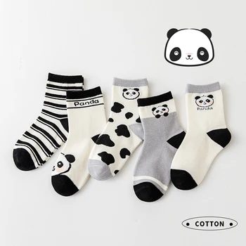 Детские носки для мальчиков - 5 пар, весна-осень-зима, хлопковые носки до середины икры, дышащие удобные, с милой пандой из мультфильма