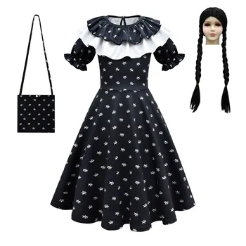 Карнавал, детская косплей-вечеринка, среда, Семейное платье Аддамс, костюмы, парики, черное платье на Хэллоуин, наряды для девочек