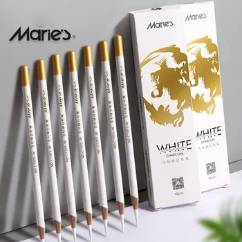 Набор из 6 шт. белых угольных ручек для студентов с жирным 4 мм свинцовым сердечником, деревянный круглый стержень, осветляющая кисть для рисования, канцелярские принадлежности для рисования